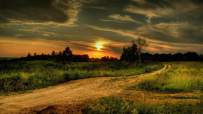 Path to the Sunset, driveway, trail, sunset, country, road, sky, field, HD wallpaper