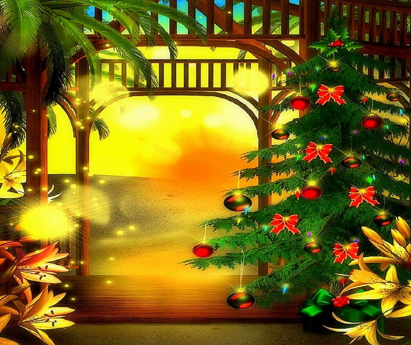 ★Sunny Christmas★, ornaments, christmas tree, premade BG, seasons, bows, xmas and new year, greetings, stock , 3D and CG, decorations, flowers, lighting, christmas, love four seasons, festivals, blessings, winter, balls, winter holidays, celebrations, HD wallpaper