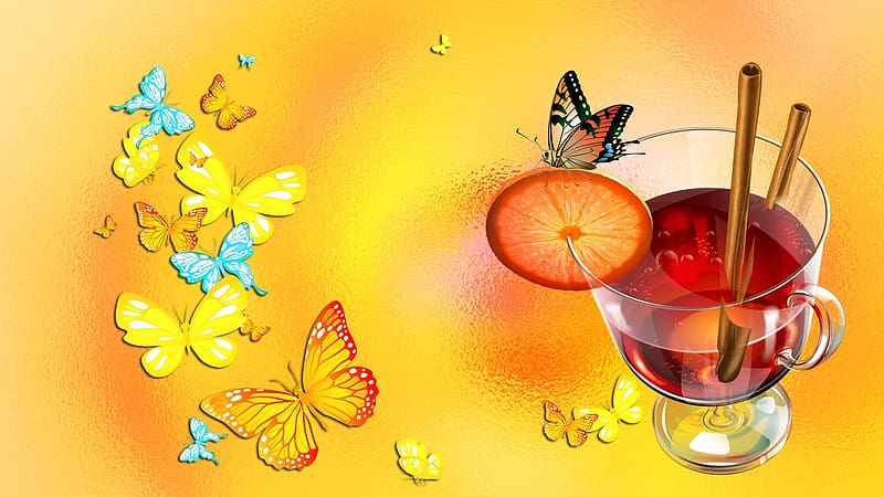 Cocktail, Butterflies, Cup, Lemon, Mood, Card, HD wallpaper