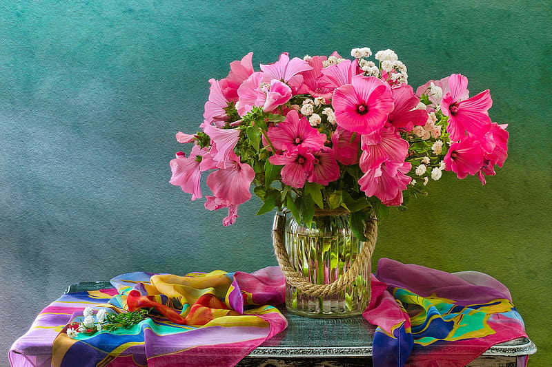 Still life with petunias, pretty, lovely, petunia, veil, vase, bonito, still life, bouquet, flowers, pink, HD wallpaper