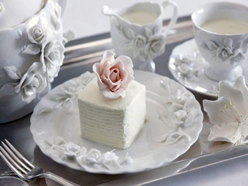 ~Tea Time~, cake, brunch, sweets, yummy, pink petals, frosting, HD wallpaper
