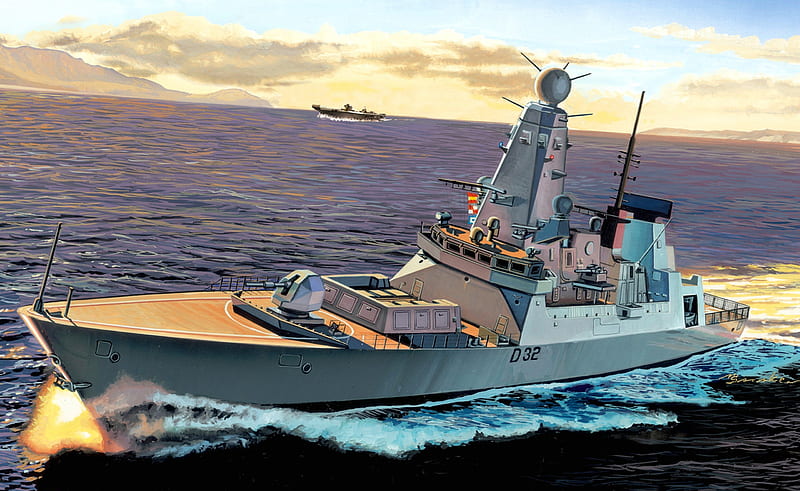 HMS Daring, art, type, 45, ocean, boat, ship, destroyer, drawing, painting, daring, hms, HD wallpaper