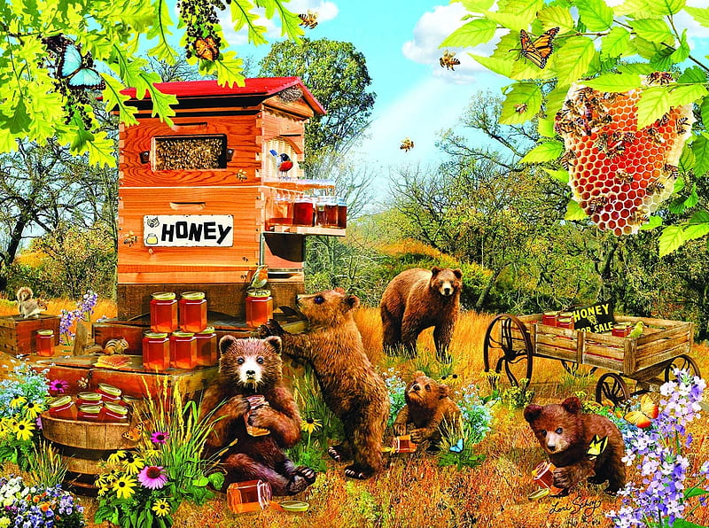 Bears and bees, lori schory, bees, animal, art, honey, bear, HD wallpaper