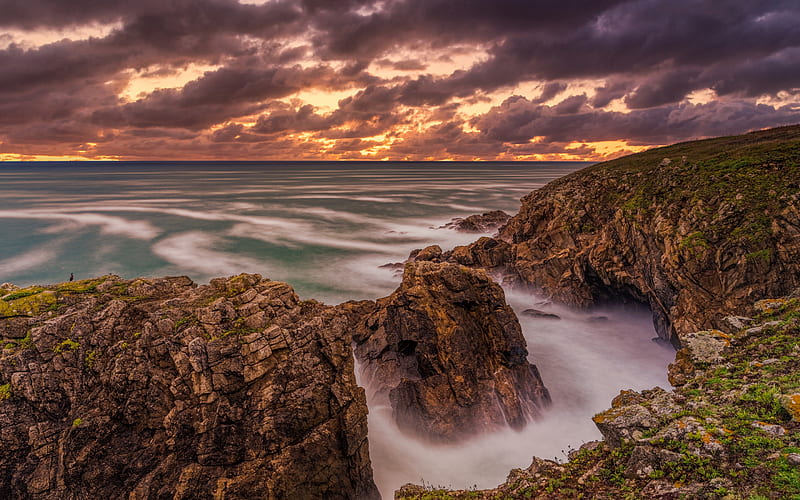 Atlantic ocean, evening, sunset, coast, ocean, Brittany, France, HD wallpaper