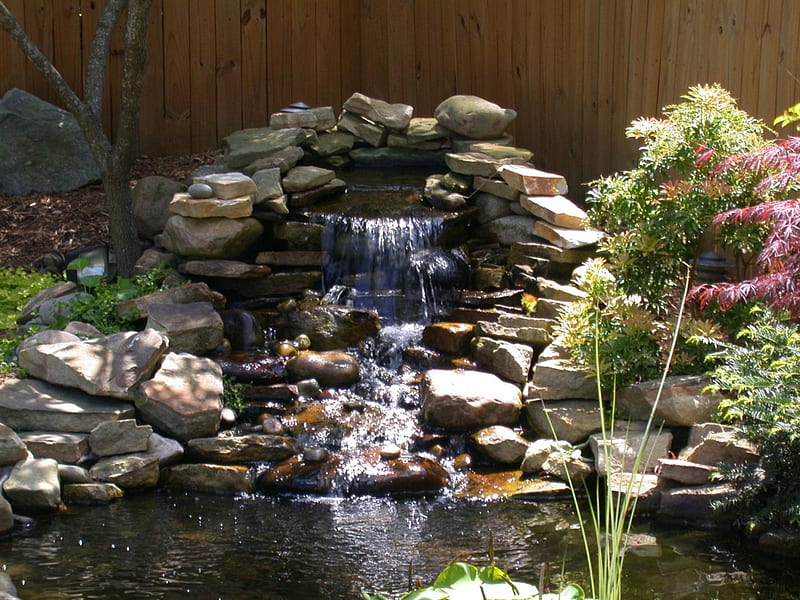 Rock Waterfall, tree, lilipads, reeds, garden pond, shrubs, HD wallpaper