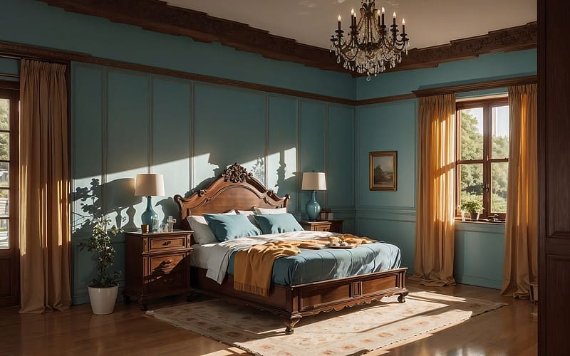 Bedroom, blue, AI art, interior, brown, HD wallpaper