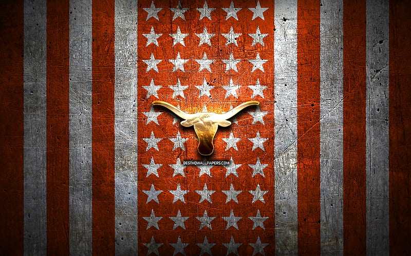 Texas Longhorns flag, NCAA, orange white metal background, american football team, Texas Longhorns logo, USA, american football, golden logo, Texas Longhorns, HD wallpaper