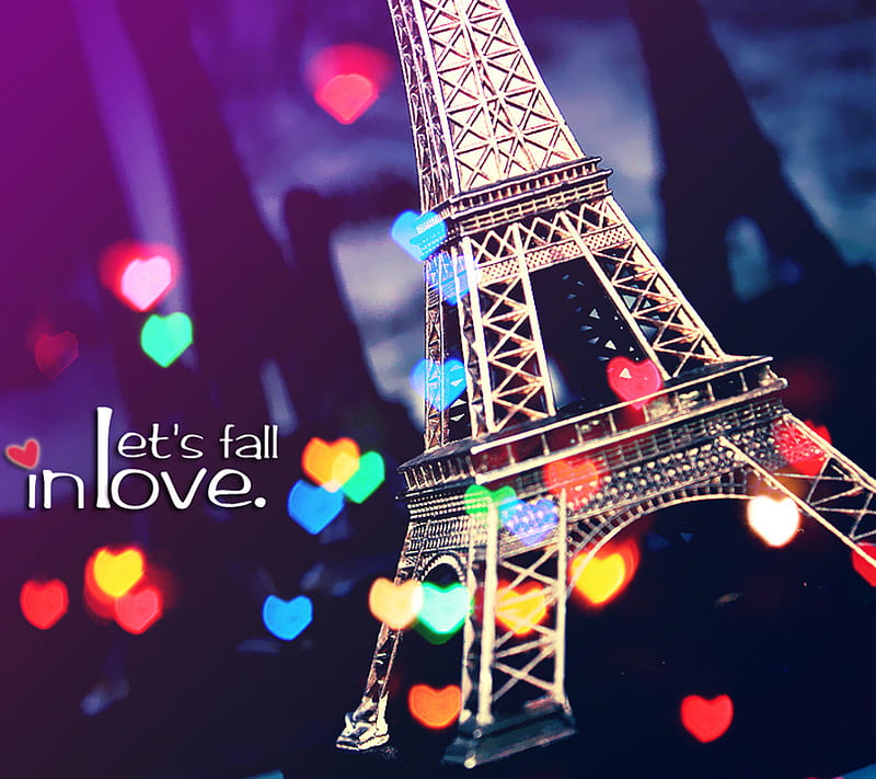 Lets Fall In Love, colorful, couple, eiffel, eiffel tower, heart, love symbol, paris, HD wallpaper