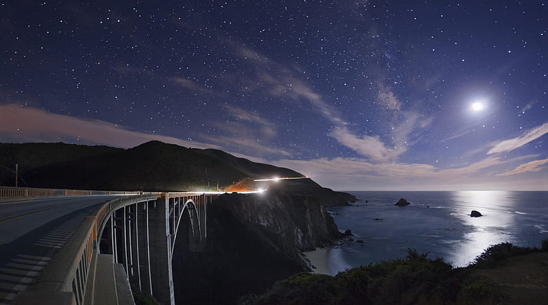 wondrous coastal highway bridge under the stars, highway, stars, moon, bridge, coast, sea, HD wallpaper