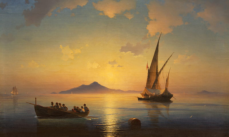 Bay of Naples, ship, bay, ivan aivazovsky, naples, sea, art, sunset, boat, water, painting, pictura, HD wallpaper