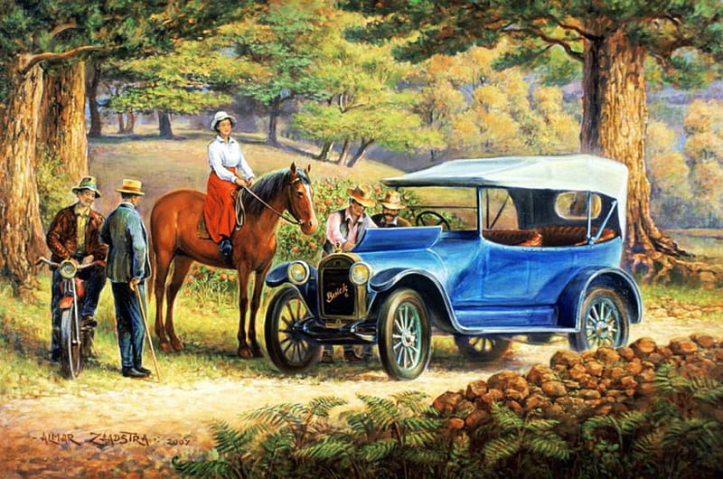 Old Buick, countryside, oldtimer, people, car, painting, horse, artwork, HD wallpaper