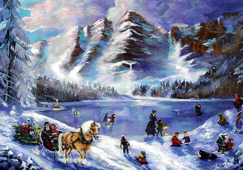 Victorian Christmas, sleigh, horse, lake, artwork, snow, mountains, people, painting, frozen, HD wallpaper