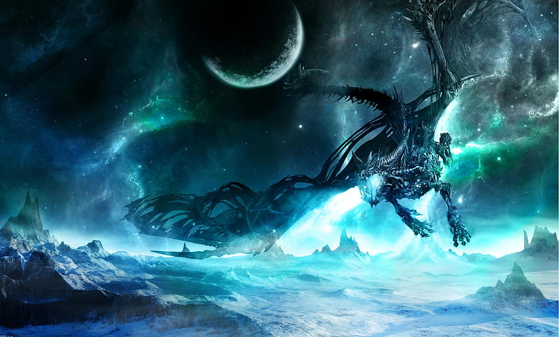 Blue Dragon, fantasy, moon, mountains, dragon, landscape, HD wallpaper