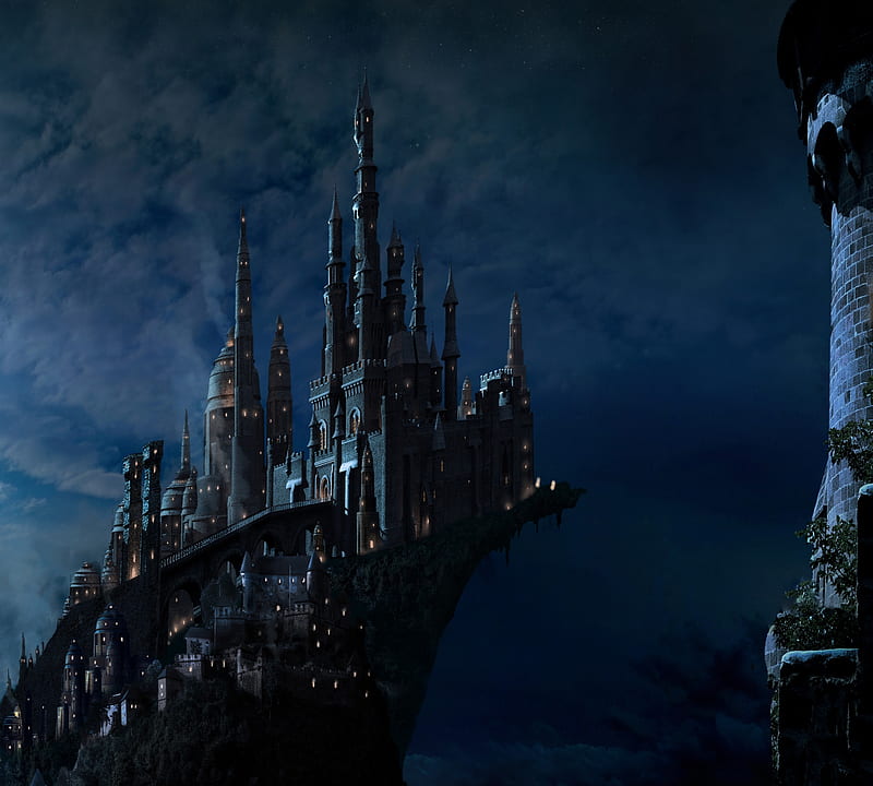 Castle, night, dark, fantasy, scott richard, black, blue, HD wallpaper