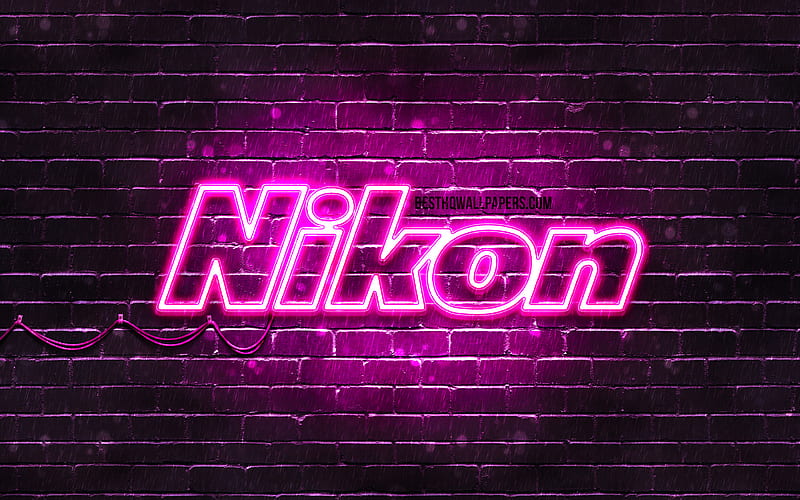 Nikon purple logo purple brickwall, Nikon logo, brands, Nikon neon logo, Nikon, HD wallpaper
