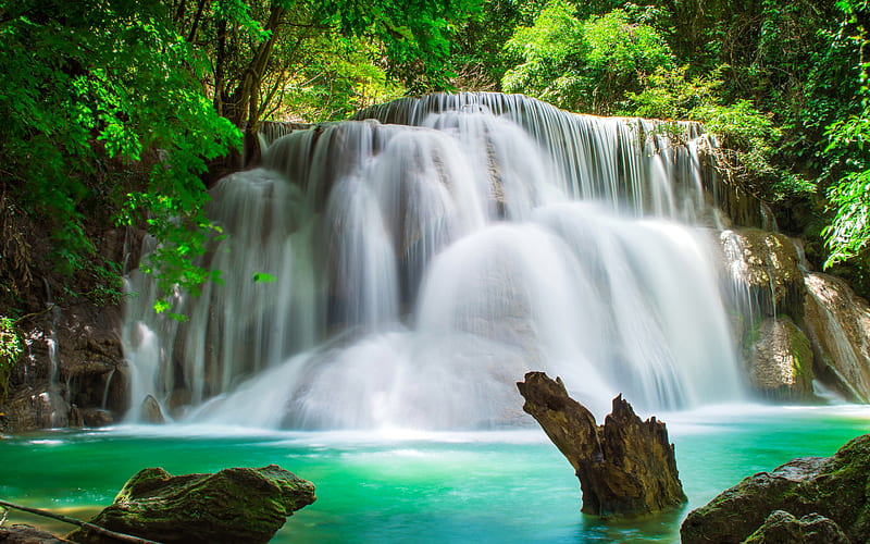 beautiful waterfall, rainforest, beautiful lake, waterfalls, jungle, water concepts, ecology, environment, Thailand, HD wallpaper