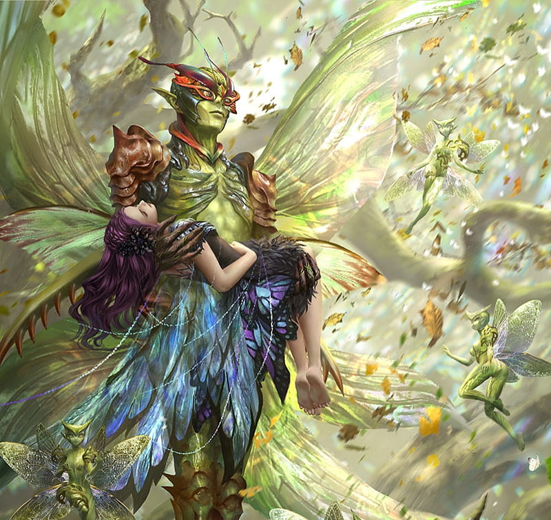 Breeze, wings, fantasy, green, luminos, hoang lap solan, fairy, couple, blue, HD wallpaper