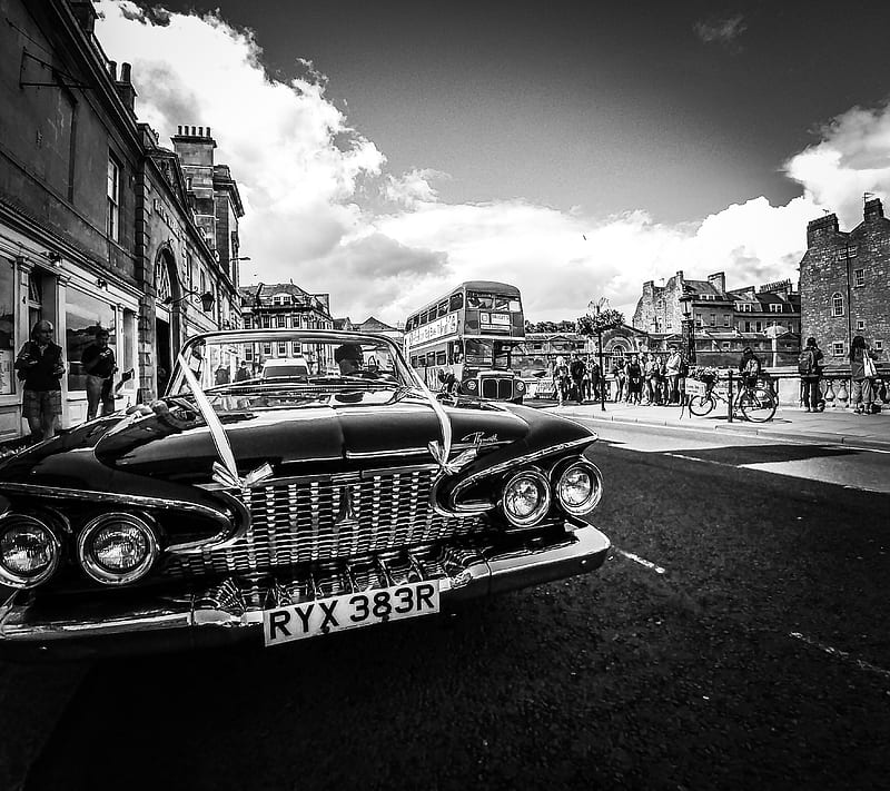 The chauffeur, american, automotive, bath, black and white, bus, car, clouds, drive, engine, england, front, headlights, history, man, moror, object, old, outdoor, plymouth, road, sky, uk, vehicle, waiting, HD wallpaper