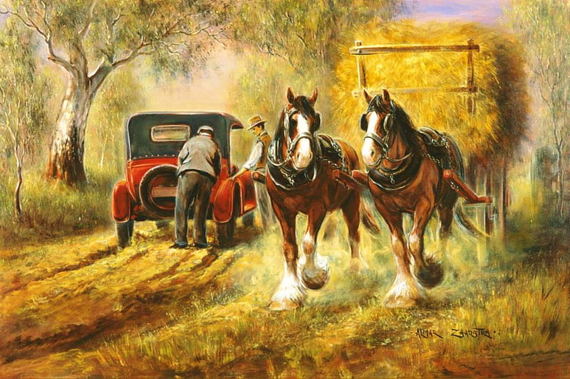 Harvest Time, car, painting, cart, straw, artwork, horses, HD wallpaper