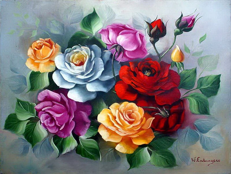 Beautiful flowers, pretty, colorful, art, lovely, bonito, roses, buds, delicate, still life, nice, bouquet, painting, flowers, tender, HD wallpaper