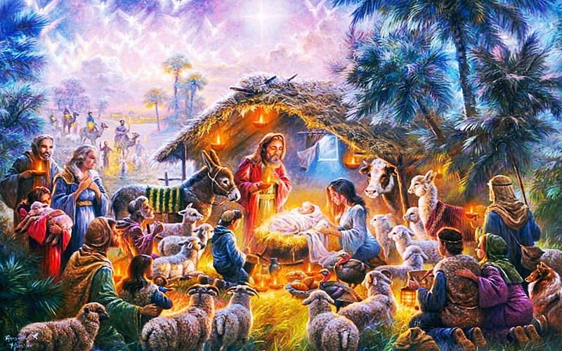 Nativity, animals, birth, artwork, stable, painting, jesus, people, HD wallpaper