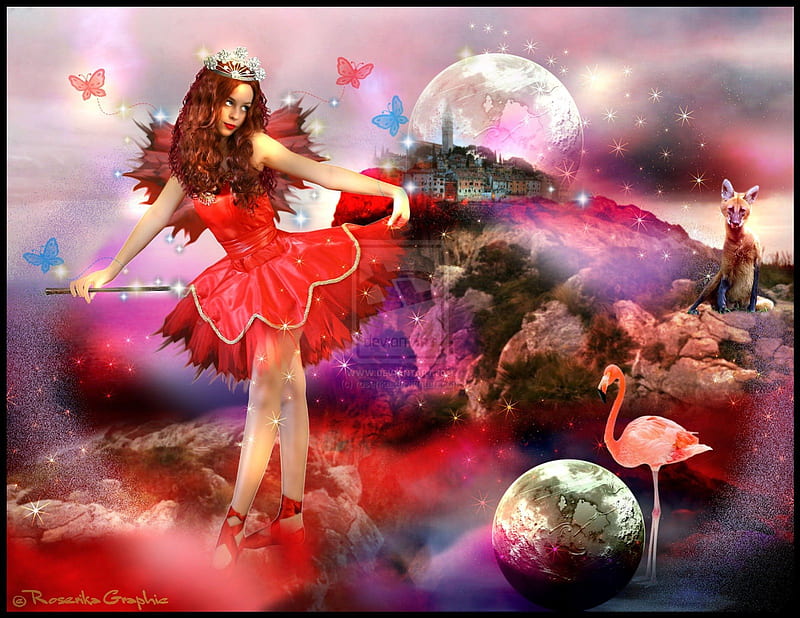 ~ Red Ballerina ~, rocks, pretty, redhead, clouds, women, sweet, fantasy, butterfly, splendor, manipulation, ballet, flowers, cities, moons, wings, lovely, models, houses, town, birds, sky, trees, flying, crown, red, colorful, ballerina, dress, digital arts, home, shine, flamingo, bonito, hair, people, girls, animals, stars, imaginations, female, colors, butterflies, fox, weird things people wear, earth, shoes, HD wallpaper