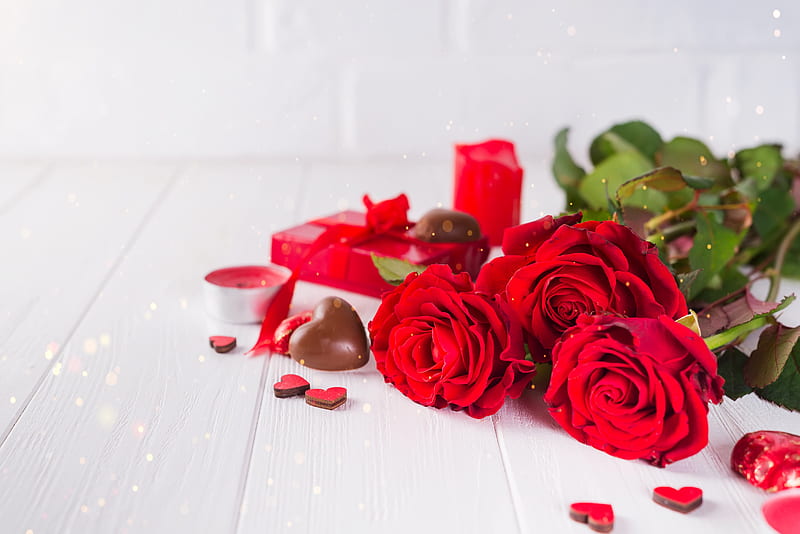 Holiday, Valentine's Day, Chocolate, Flower, Gift, Love, Red Flower, Romantic, Rose, HD wallpaper
