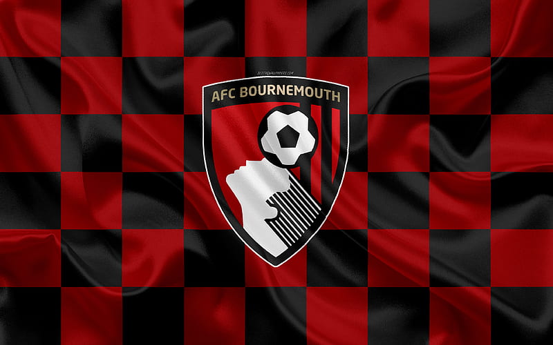 AFC Bournemouth, AFCB logo, creative art, black red checkered flag, English football club, Premier League, emblem, silk texture, Bournemouth, United Kingdom, England, HD wallpaper