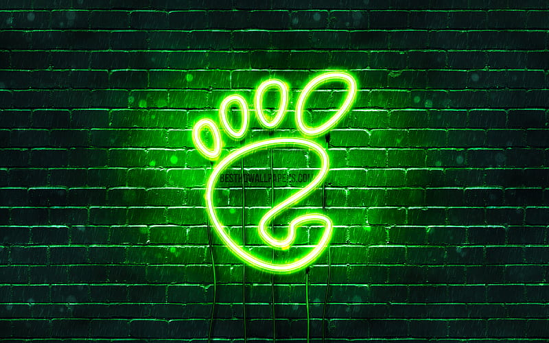 Gnome green logo, green brickwall, Gnome logo, Linux, brands, Gnome neon logo, Gnome, HD wallpaper