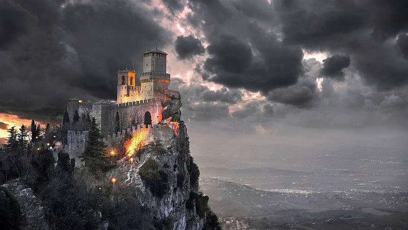 San Marino Castle, Italy, storm, medieval, castle, italy, clouds, HD wallpaper
