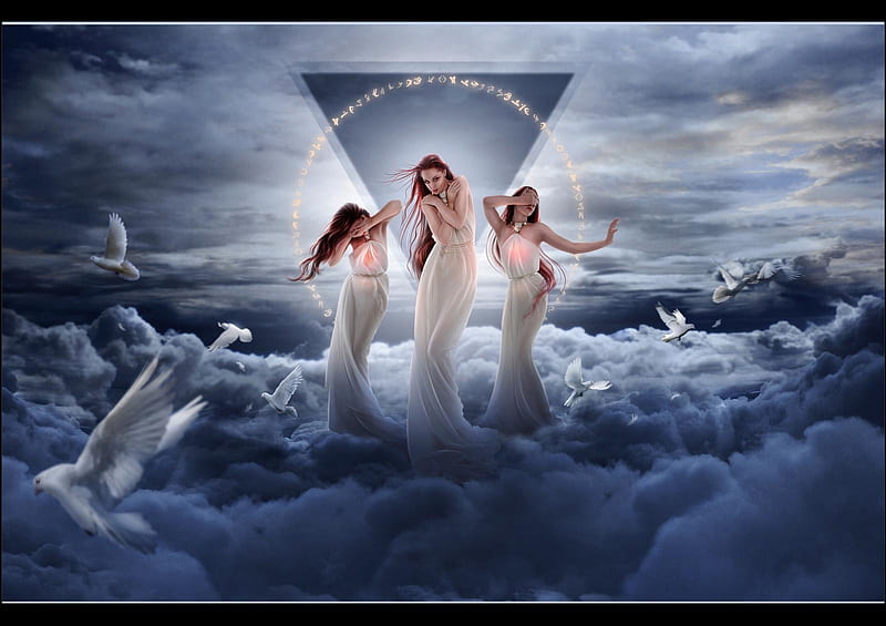 Metamorphosis, ladies, lovely, doves, Clouds, Blues, Dreamy, Fantasy, HD wallpaper