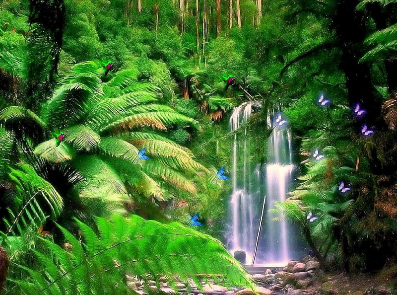 Green Tropical Waterfall , stunning, panoramic view, attractions in dreams, bonito, graphy, landscapes, flowers, forests, scenery, butterfly designs, animals, love four seasons, birds, places, creative pre-made, butterflies, trees, waterfalls, paradise, plants, summer, nature, tropical, HD wallpaper