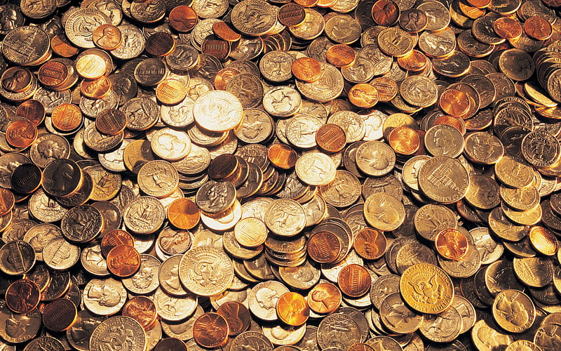 American cents, background with coins, copper coins, dollars, finance concepts, money background, HD wallpaper