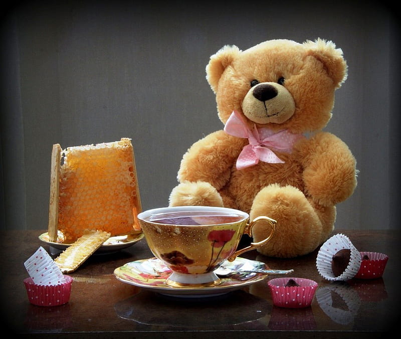 Teddy bear for Andonia, table, candy, honeycomb, abstract, teatime, tea, sweet, still life, graphy, honey, cup, teddy bear, pink, HD wallpaper