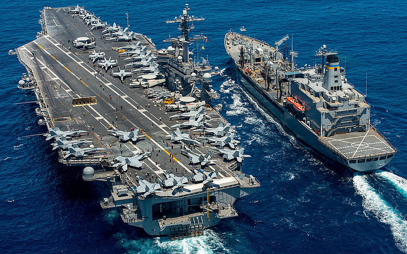 American aircraft carrier, USS Carl Vinson, Nimitz, CVN-70, USNS Yukon, T-AO-202, Kaiser-class, US Navy, ocean, warships, USA, HD wallpaper