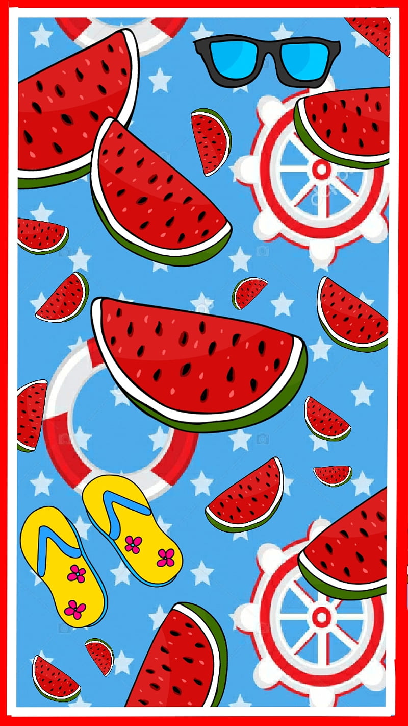 Refreshing, beach towel, blue, buoy, flip flops, red, summer, sunglasses, watermelon, HD phone wallpaper