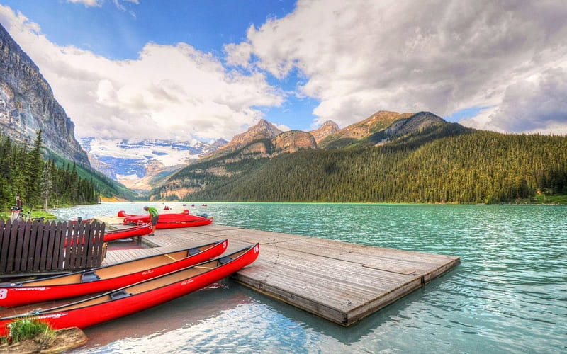 Lake Louise, Banff National Park, boats, mountains, pier, clouds, canada, HD wallpaper