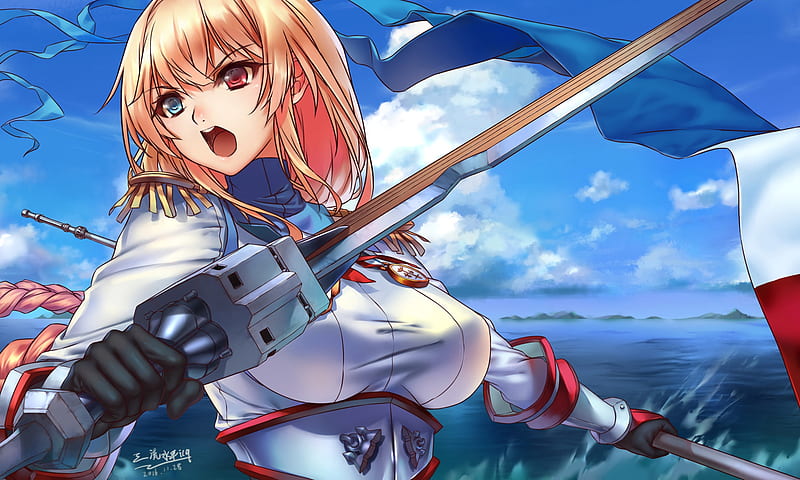 Anime, Warship Girls, Blonde, French Flag, Heterochromia, Joan of Arc, Sword, HD wallpaper