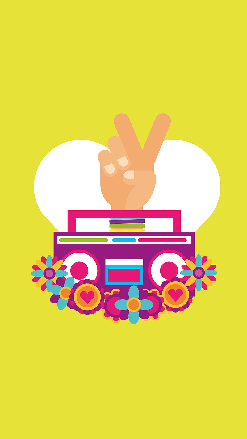 Peace Radio, 70s, 80s, Kiss, Peace, boom box, boombox, cassette, flowers, heart, orange, peace sign, pink, purple, radio, white, yellow, HD phone wallpaper