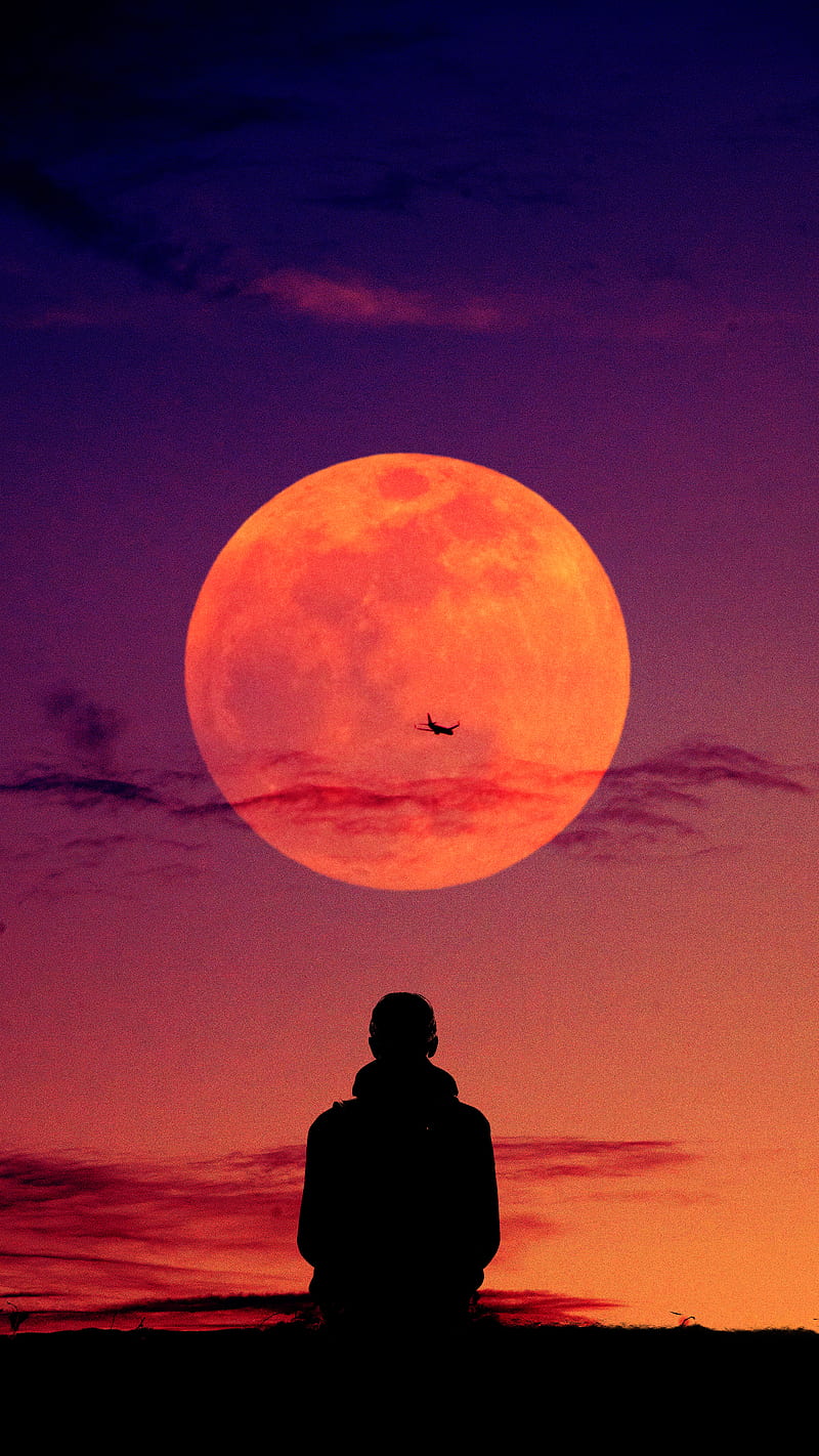 See you, Fullmoon, aeroplane, alone, man, silhouette, sunset, HD phone  wallpaper | Peakpx