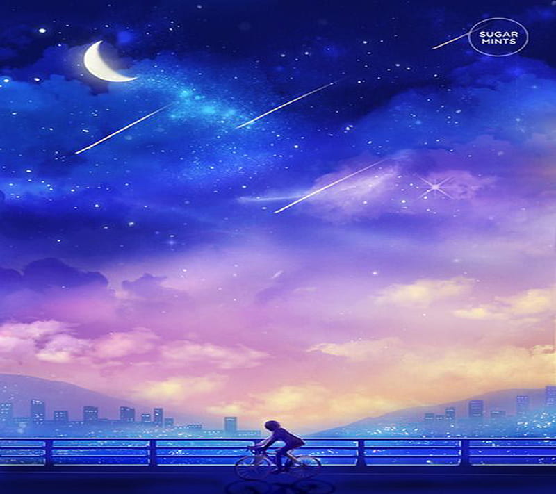 Evening City, anime, art, city, falling stars, moon, HD wallpaper