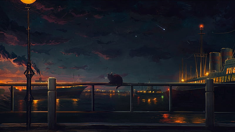 Cat, Stars, Ship, Port, Digital Art Alone, Night, HD wallpaper