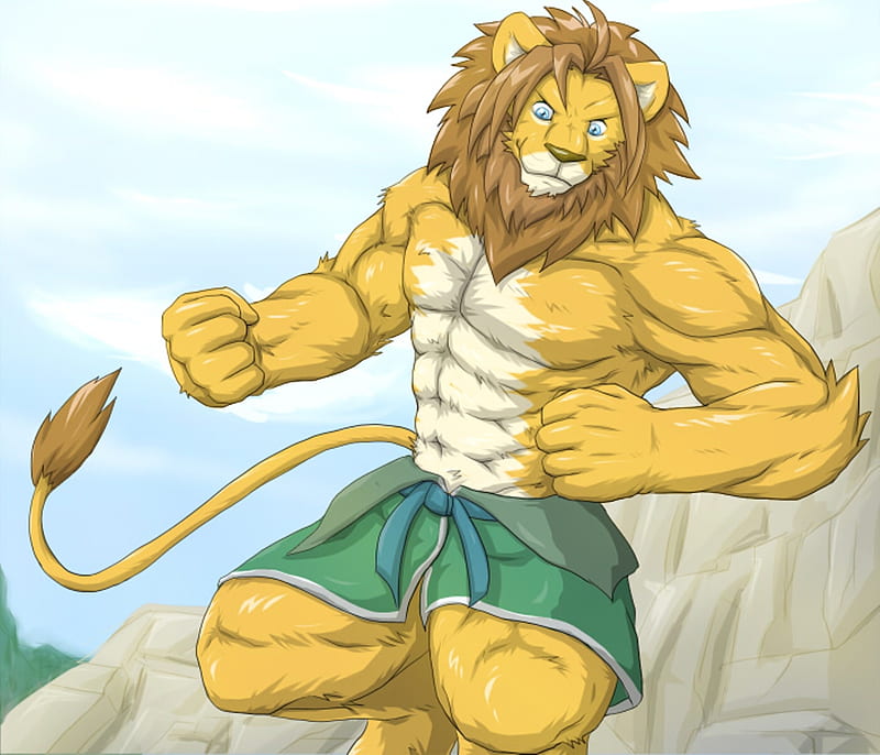 furry muscle, furry, muscle, tail, lion, HD wallpaper