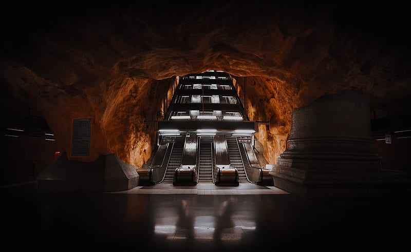 escalator, tunnel, metro, dark, HD wallpaper