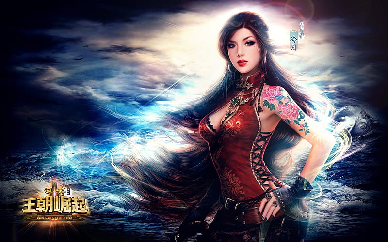 Beauty Girl, fingerless gloves, ruoxing zhang, nail polish, big breasts, fantasy, gloves, hieroglyph, hot, long hair, night, cloud, necklace, earrings, ocean, brown hair, braid, wind, tattoo, sexy, lips, jewelry, water, breasts, cool, belt, ring, HD wallpaper