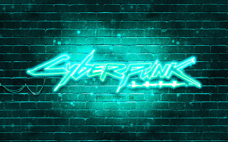 Cyberpunk 2077 turquoise logo turquoise brickwall, artwork, Cyberpunk 2077 logo, RPG, Cyberpunk 2077 neon logo, Cyberpunk 2077, HD wallpaper