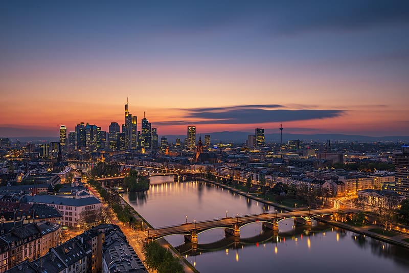 Cities, Night, City, Skyscraper, Building, Bridge, River, Germany, Frankfurt, HD wallpaper