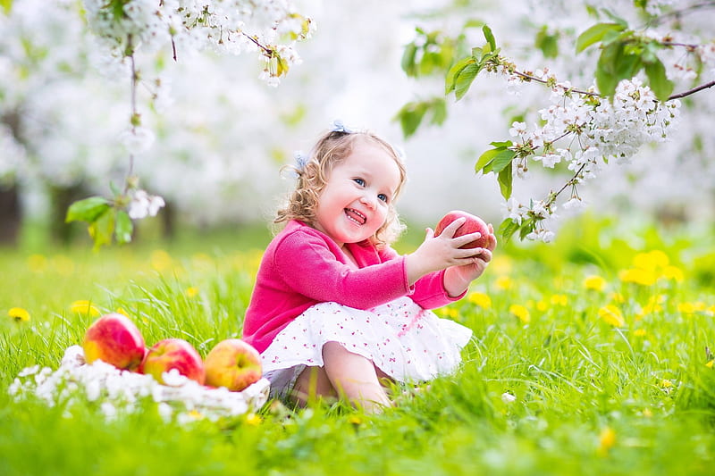 Little girl, apple, red, apples, spring, smile, cute, fruit, blossom, girl, green, flower, copil, child, white, HD wallpaper