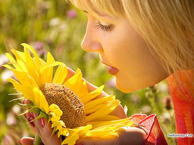 Sunflower Lady, hair, flower, yellow, woman, HD wallpaper