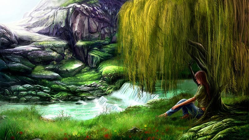 Tree, Stone, Artistic, Meadow, River, Women, Weeping Willow, HD wallpaper